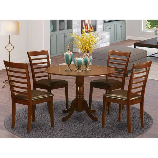 5 Piece Modern Dining Table Set Includes a Round Wooden Table with Dropleaf and 4 Faux Leather Upholstered Dining