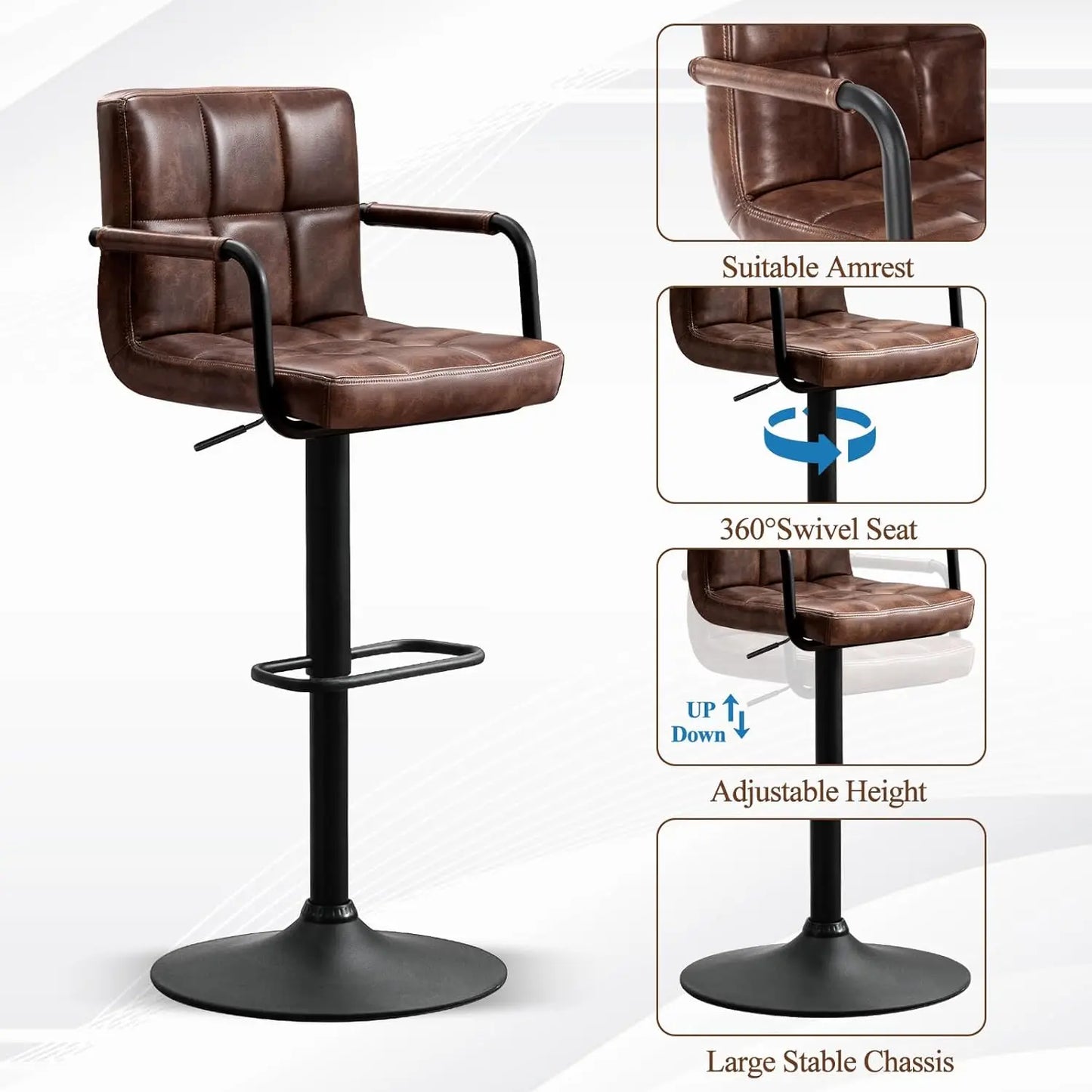 Swivel Bar Stools Set of 4, Adjustable Kitchen Counter Height BarStools with Arms, PU Leather Upholstered Bar Chair, Customized