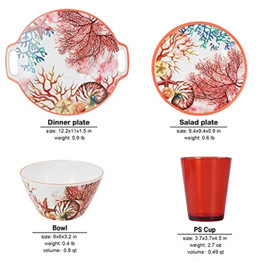 Melamine Dinnerware Set for 4-16 Pcs:Camping Dishes Set with Dinner PlatesSalad Plates Cups and Bowls.Lightweight and Unbreakab