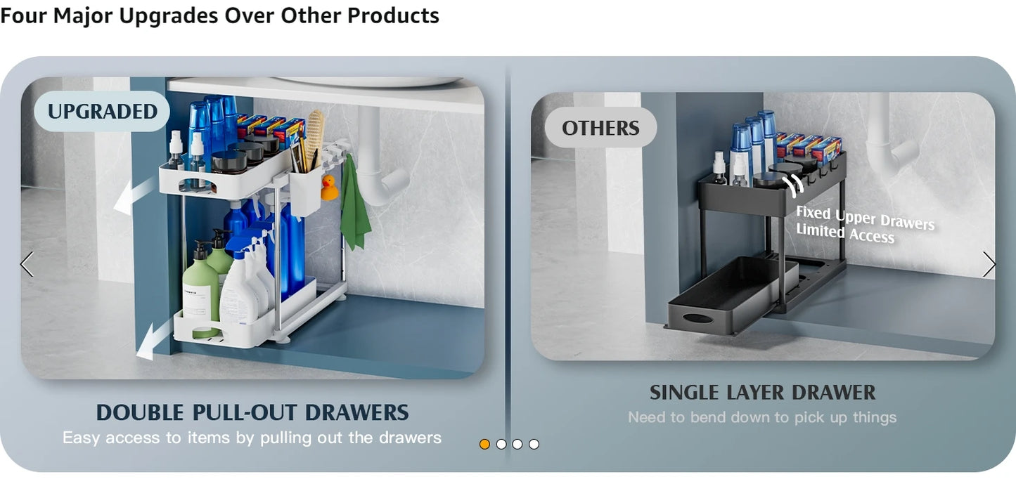 2 Pack Under Sink Organizers and Storage, 2 Tier Height Adjustable Countertop Organizer for Kitchen Bathroom Laundry