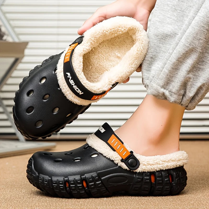 Unisex lined hole shoes, winter removable thick sole slippers with warm lining for outdoor use, thick and warm cold-proof