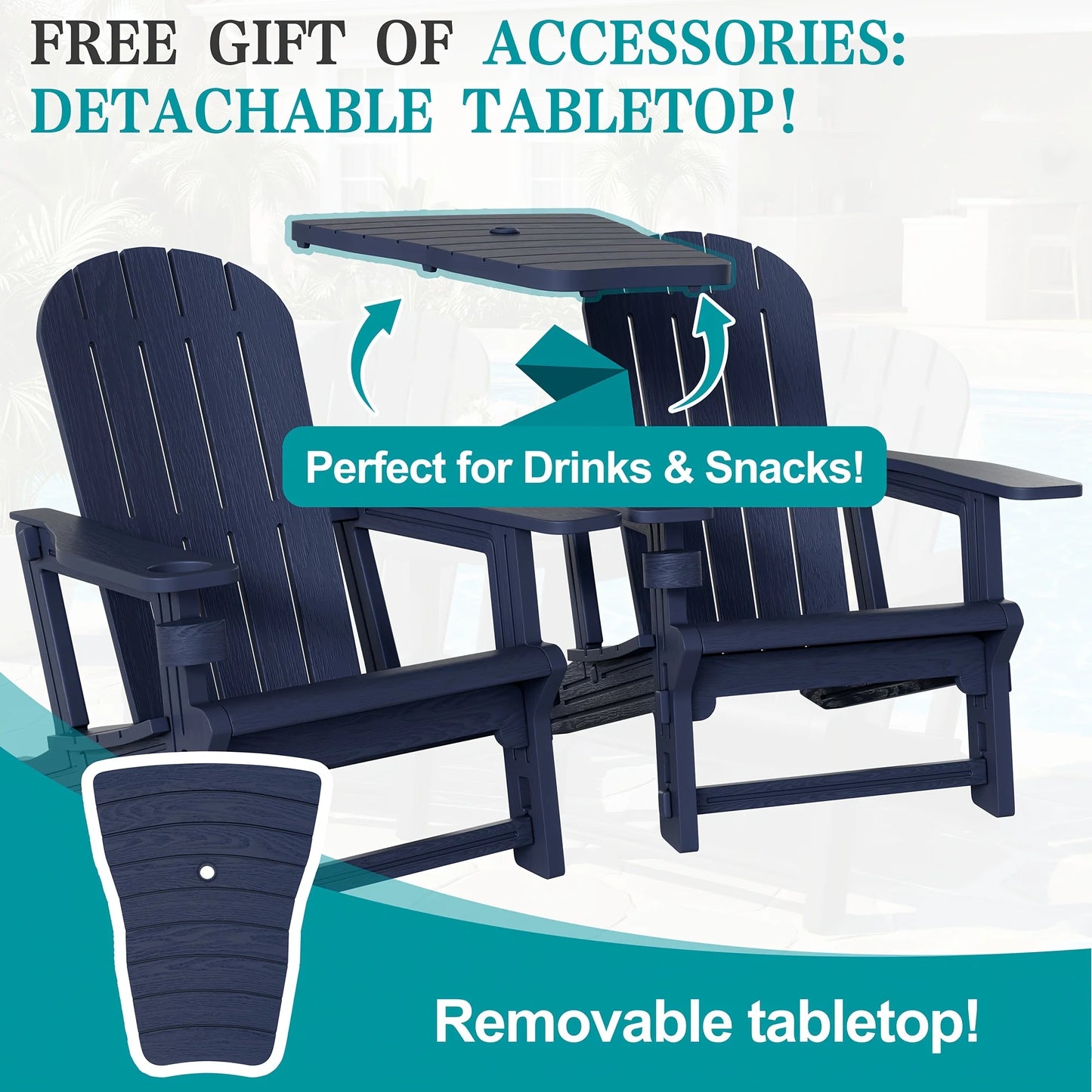 Outdoor Chair Set of 2 All-Weather Patio Furniture Table and Footrest Wood  Holder for Patio Poolside Garden