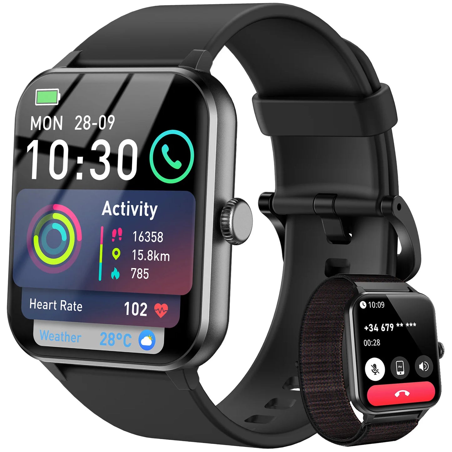 IOWODO R50 Waterproof Smart Watch 1.85'' HD Screen BT Calls SpO2 Heart Rate Monitor Men Women Smartwatch with 100 Workout Modes