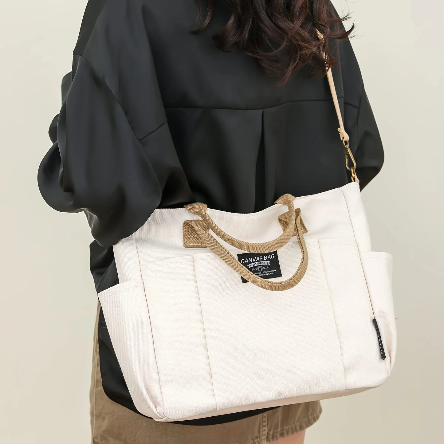 Women's Multi-Pocket Tote Bag, Vintage Canvas Shoulder Bag, Multi-functional Crossbody Bag for Daily Use