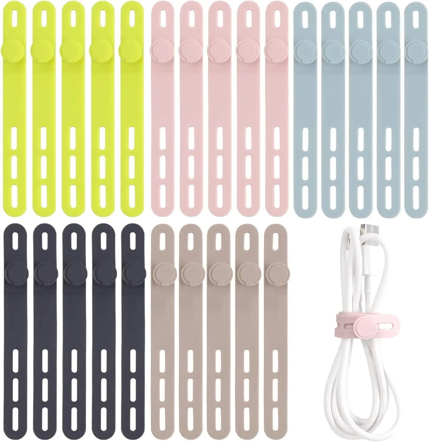25 Pcs Silicone Cable Ties Reusable Cord Wraps for Electrical Cords, Earphone and Phone Charger Organizer with Locking Buckle