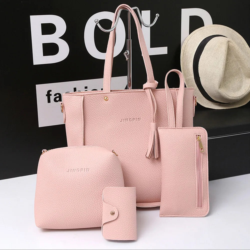 New 2024 New Large Capacity Lychee Pattern Handbags Women'S European And American Retro Fashion Tassel Four-Piece Women'S Bag