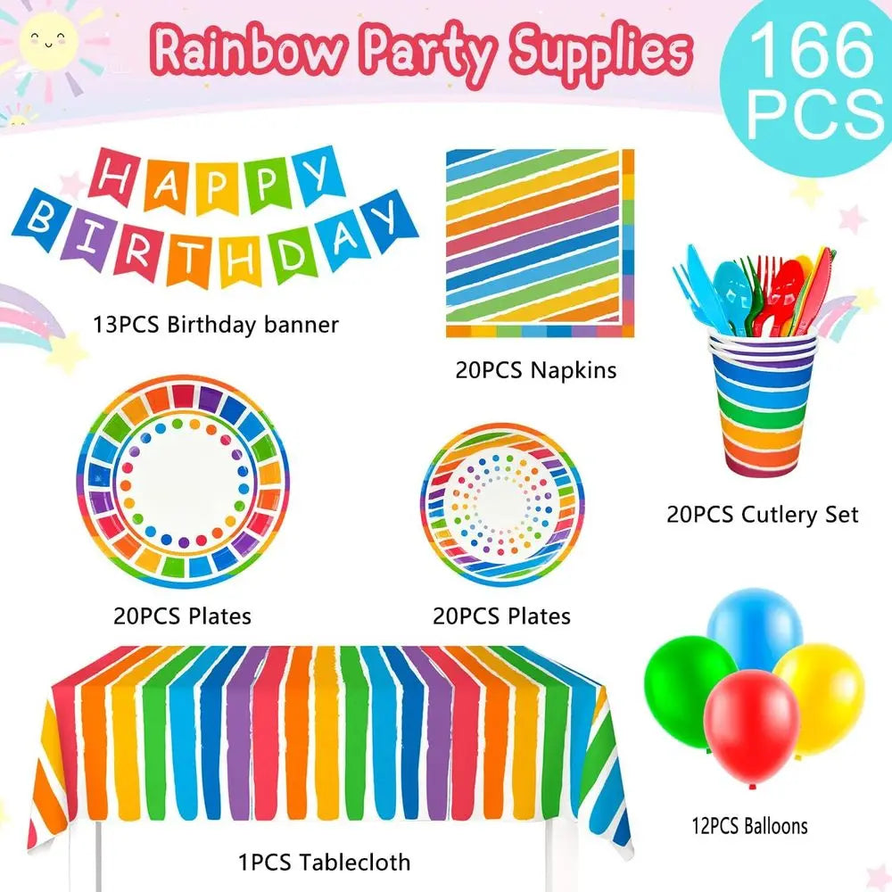 166pcs Rainbow Birthday Party Decorations 20 Guests Colorful Party Tableware Set, Rainbow Party Plates Napkins Cups Balloons Ban