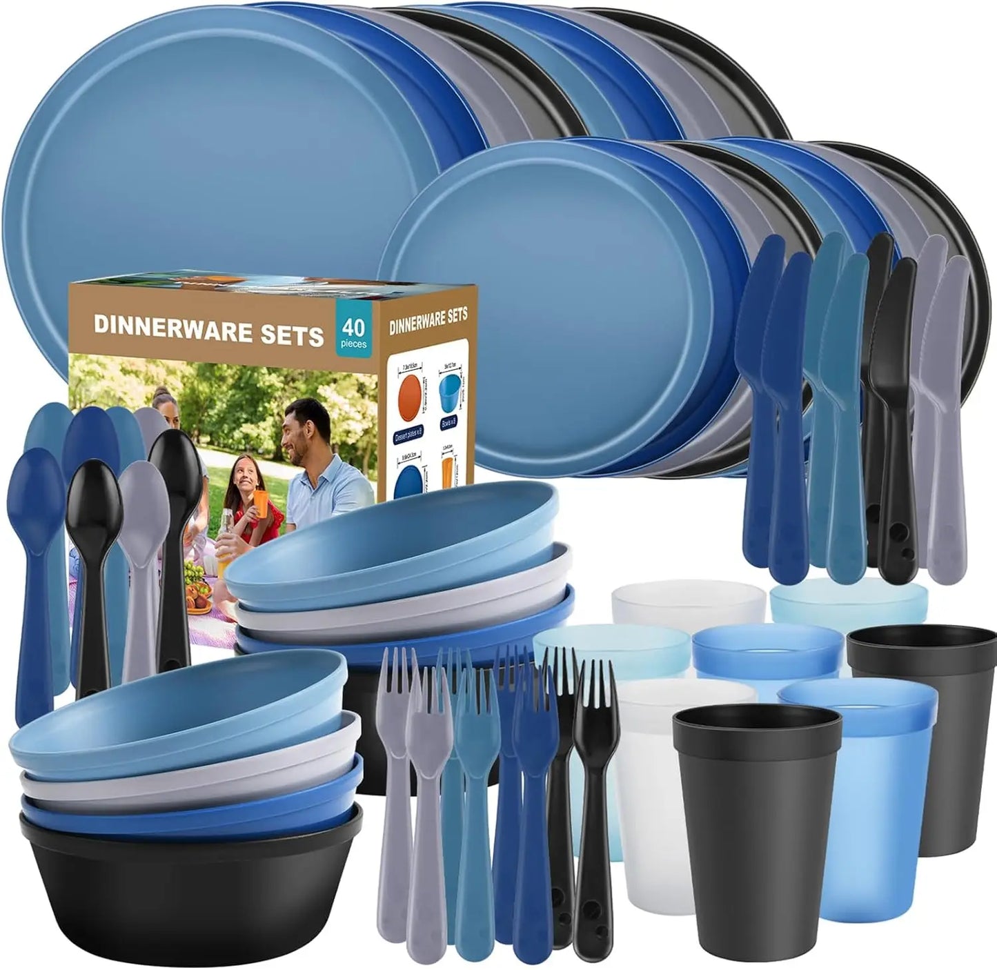 40-Piece RV Camping Dinnerware Set for 8, Microwave Safe Plates Bowls with Cutlery, Lightweight Unbreakable Plastic Dishes