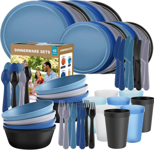 40-Piece RV Camping Dinnerware Set for 8, Microwave Safe Plates Bowls with Cutlery, Lightweight Unbreakable Plastic Dishes