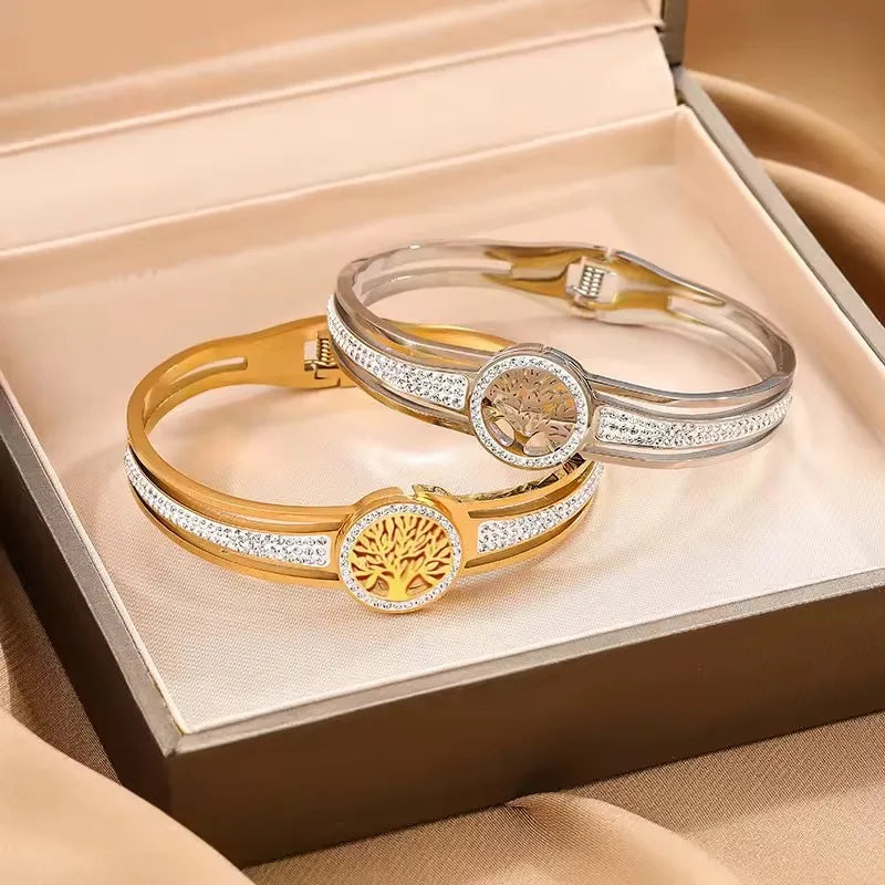 4pcs/Set Stainless Steel Hollow  Tree Of Life Peace Pendant Necklace Bracelet Earrings Ladies Wedding Jewelry Set