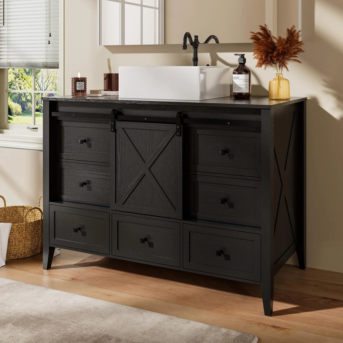 48 Inch Bathroom Vanity with Sink Ceramic, Freestanding Cabinet with Farmhouse Sliding Barn Door, Space-Saving Storage Cabinet