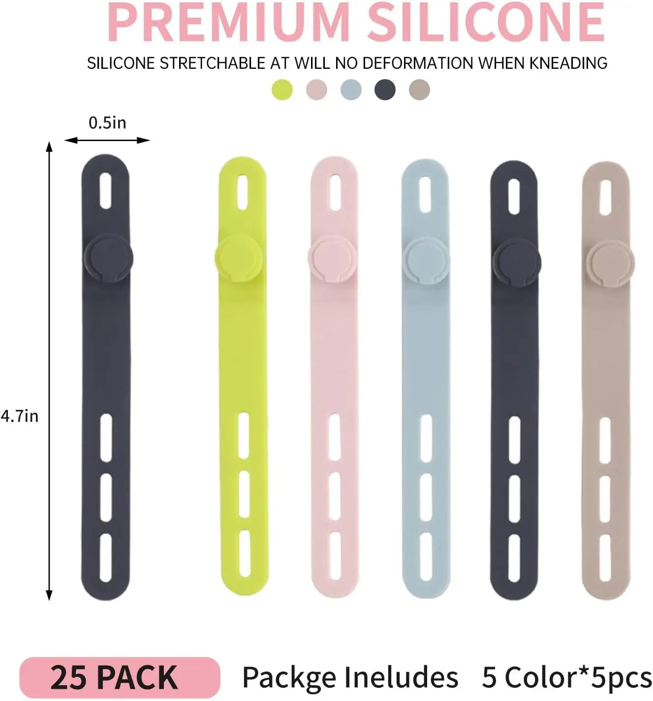 25 Pcs Silicone Cable Ties Reusable Cord Wraps for Electrical Cords, Earphone and Phone Charger Organizer with Locking Buckle