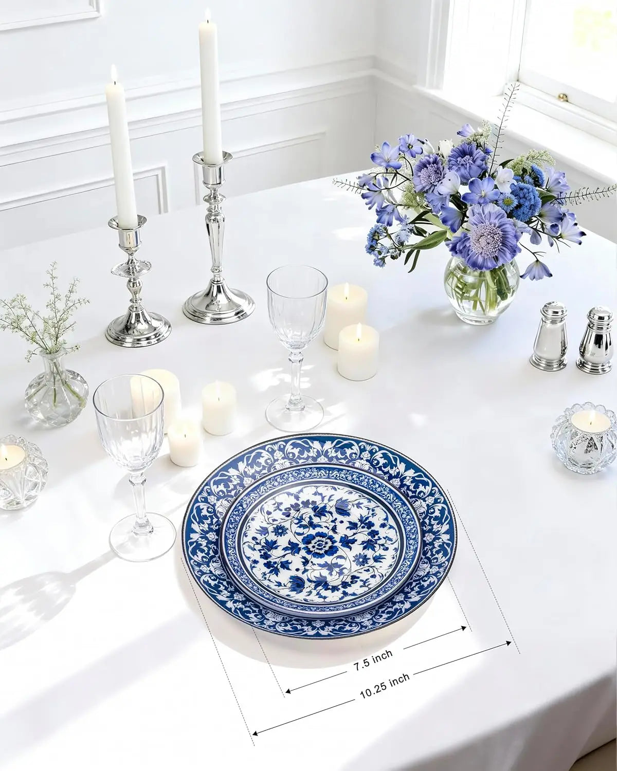 60pcs Blue Plastic Plates Set - Floral Blue & White Porcelain Design, 10.25" Dinner & 7.5" Dessert Plates Disposable for Wedding