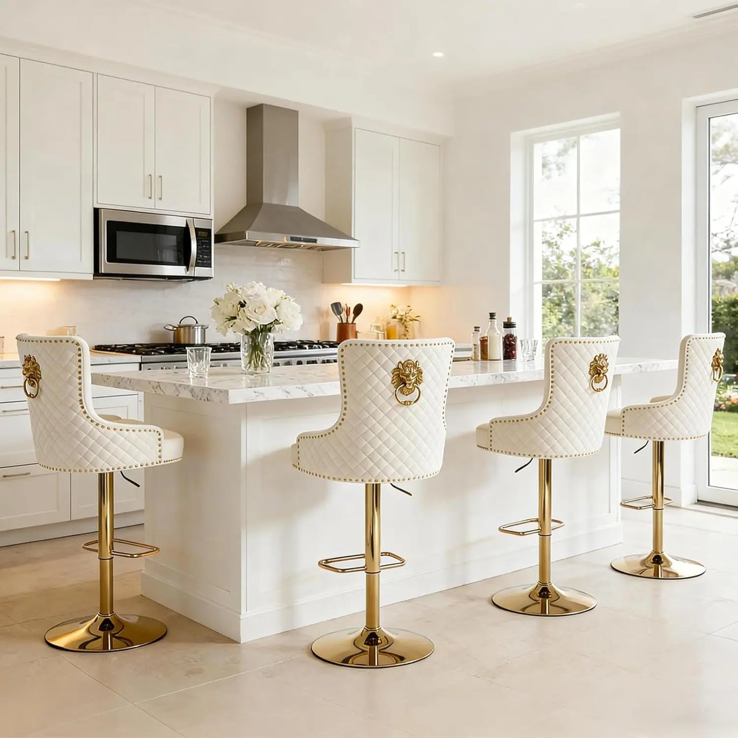 Gold Bar Stools Set of 4, Height Adjustable Velvet Island Chairs Upholstered Bar Height Chairs for Kitchen Counter, Cream