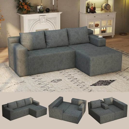 Boneless Couch with L Shaped Chaise, Sectional Cloud Sofa with High Backrest, Corduroy Memory Foam Couch, No Assembly Cloud