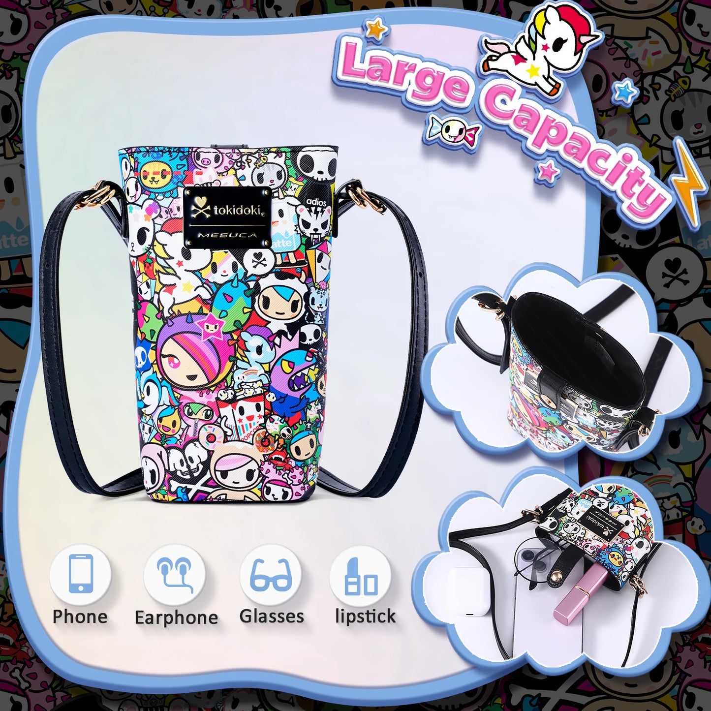 Tokidoki Official Licensed PU Leather Crossbody Bag with Adjustable Strap Unicorno Phone Bag Shoulder Bag Coin Purses for Women