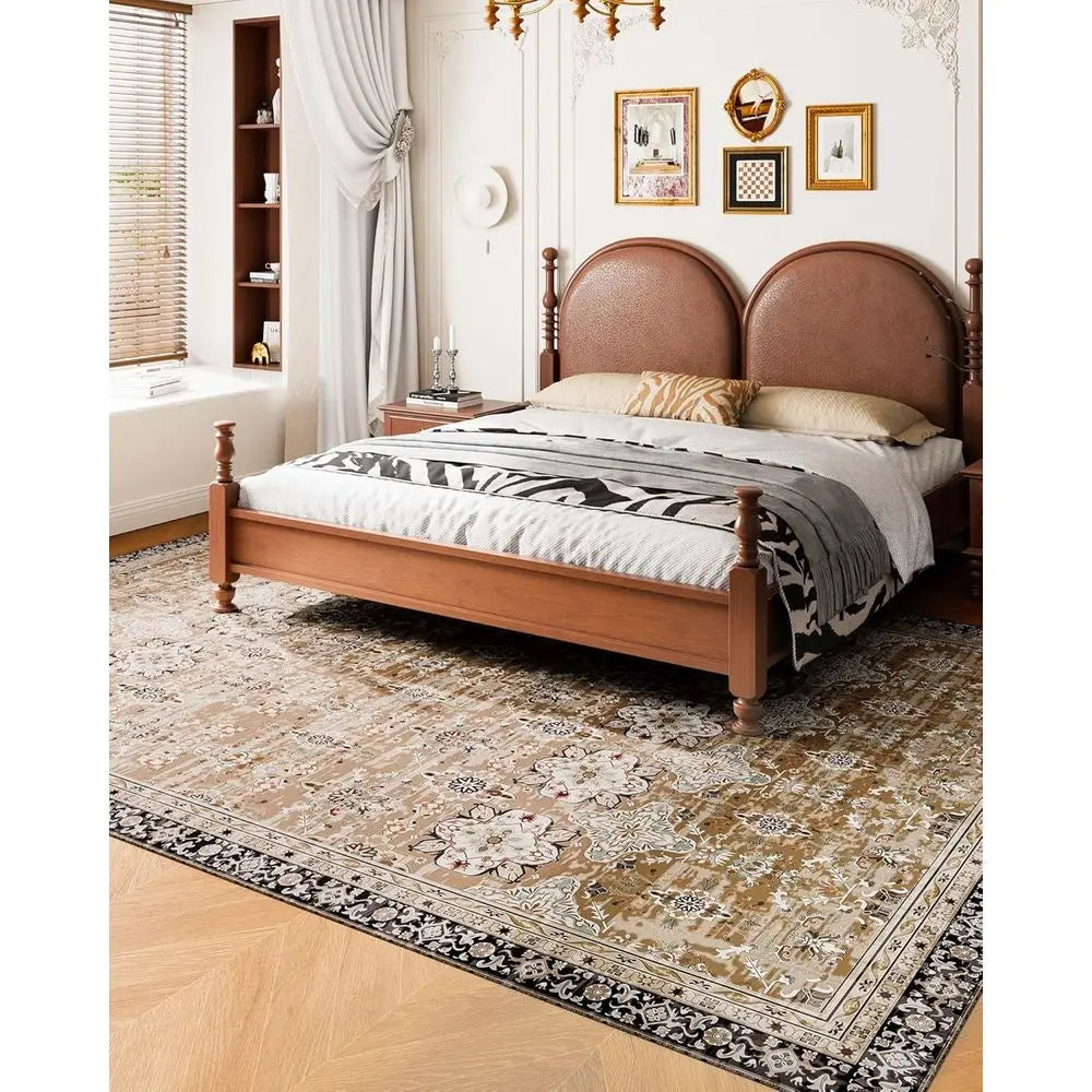 Large 9x12 ft Washable Non-Slip Area Rug - Soft, Pet & Child Safe Vintage Carpet for Home Office, Brown/Green