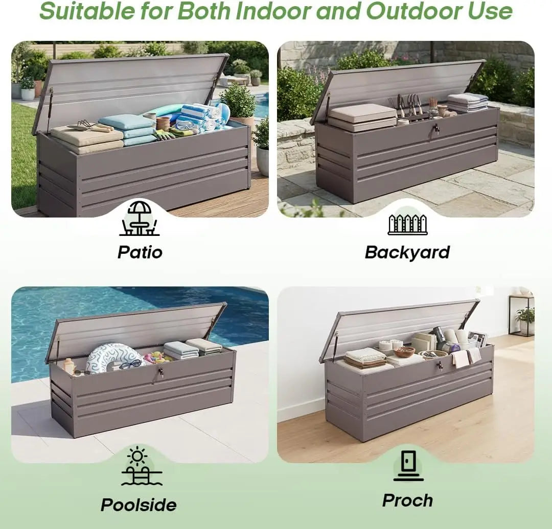 260Gal Waterproof Outdoor Storage Box, Large Metal Deck Box for Patio Cushions, Garden Tools, Pool Supplies, Gray