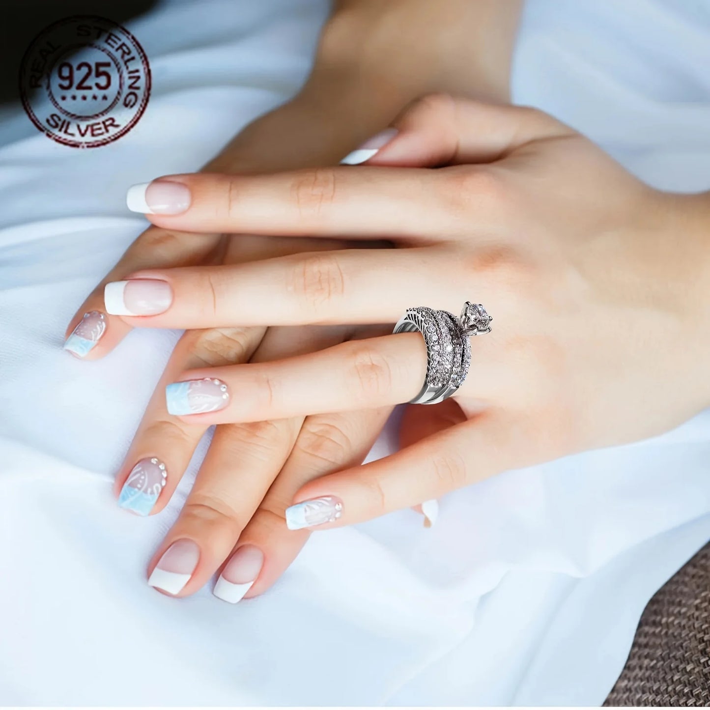 Luxurious 925 Silver Rings Set For Women 14K White Gold Plated Exquisite 5A Zircon Inlay Female Wedding Bridal Finger Ring