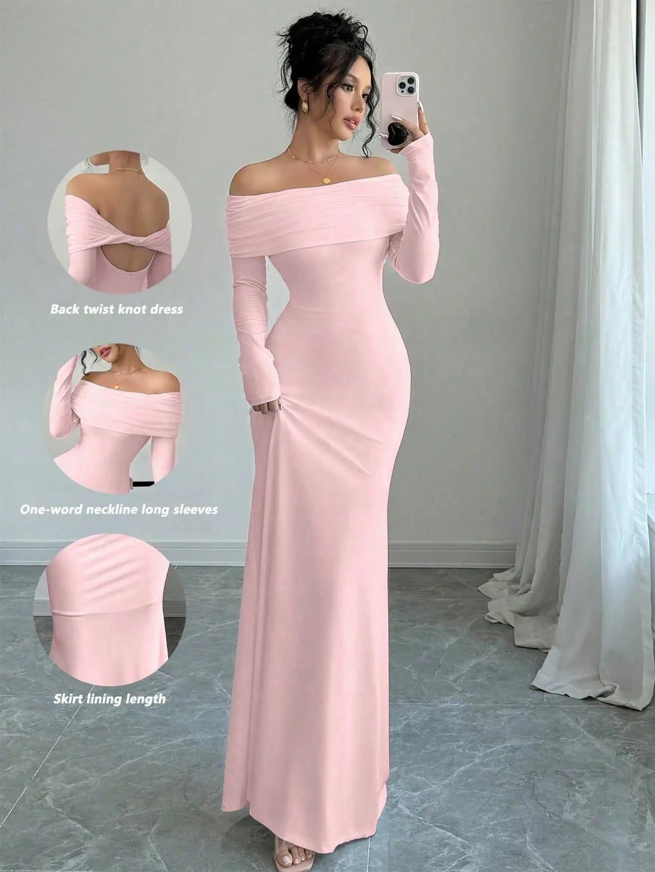 White Off-Shoulder Long Sleeve Maxi Dress with Back Twist Knot, Fitted Silhouette for Evening Events