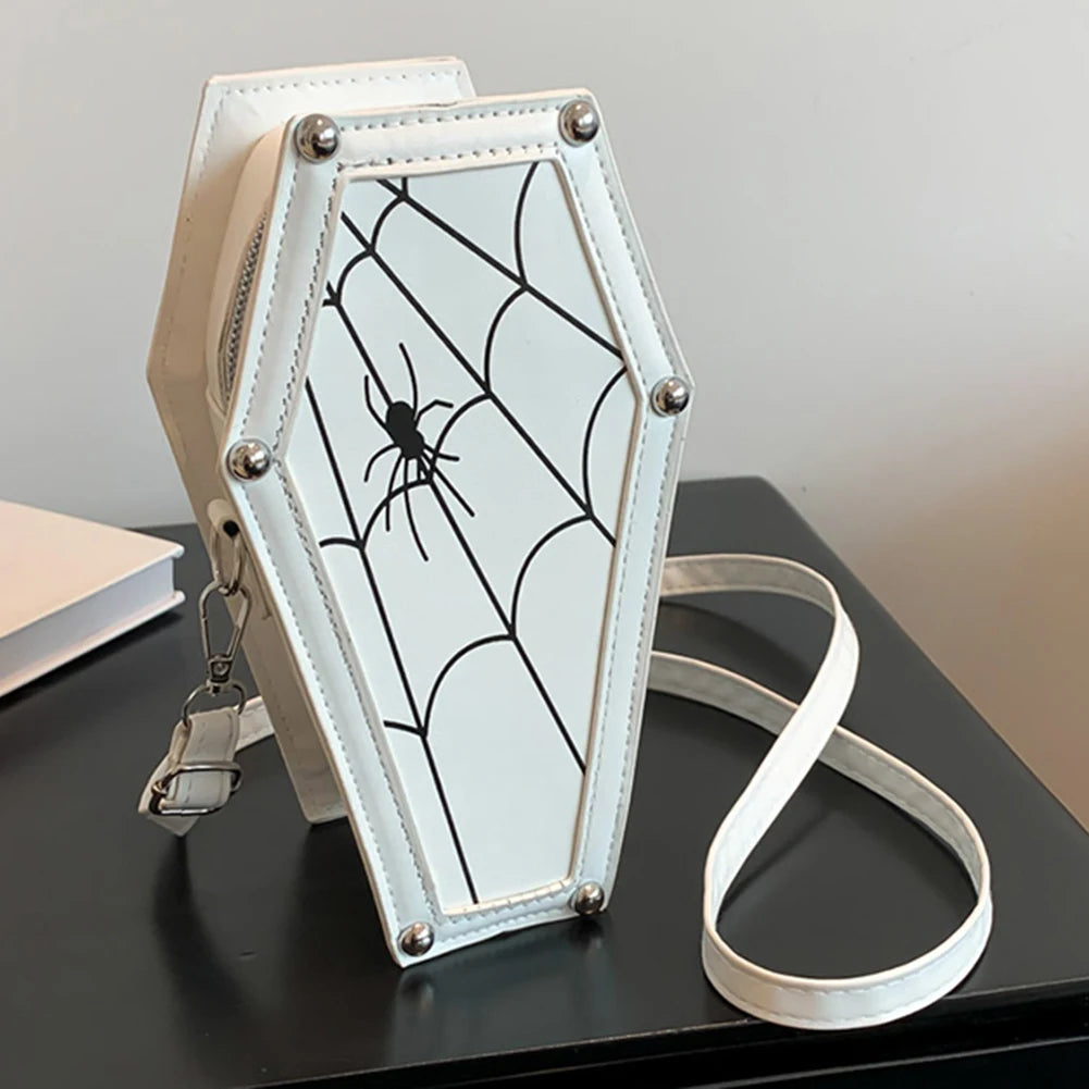 Women Coffin Satchel Purse Strap Adjustable Gothic Coin Purse PU Leather Spider Coffin Bag Y2K Cellphone Bag Halloween Candy Bag