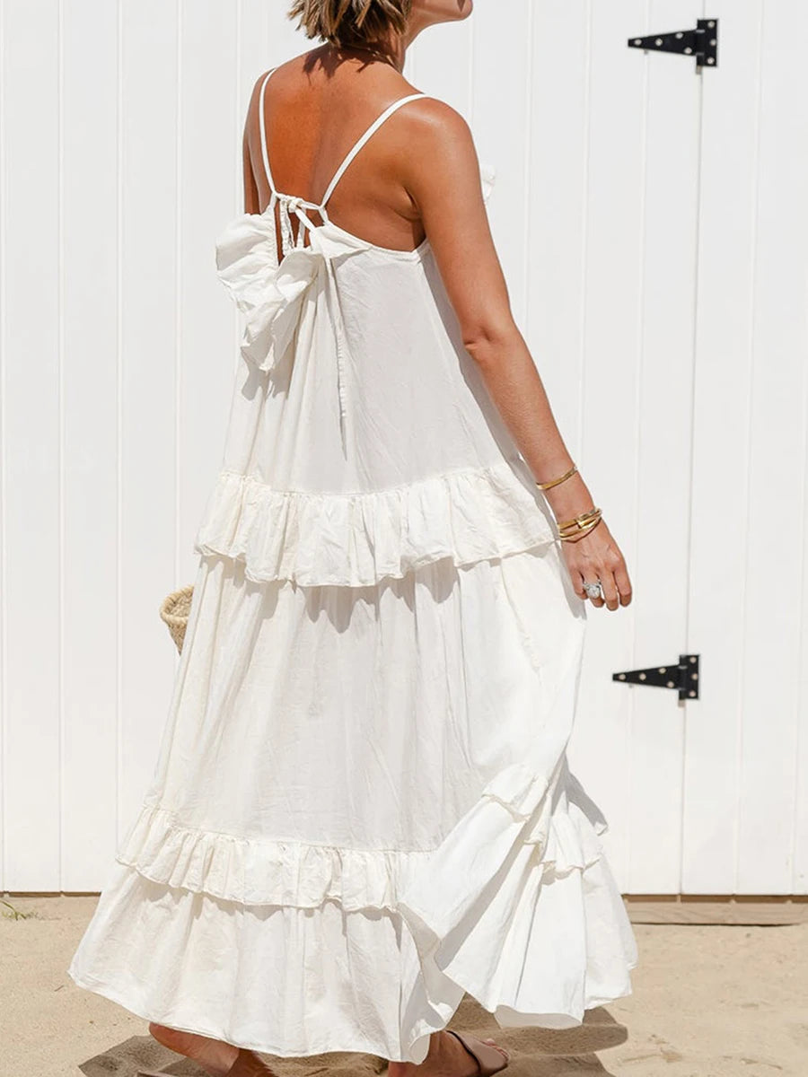Women s Long Cami Dress Casual Loose Scoop Neck Back Tie-Up Swing Tiered Ruffled Spaghetti Strap Dress