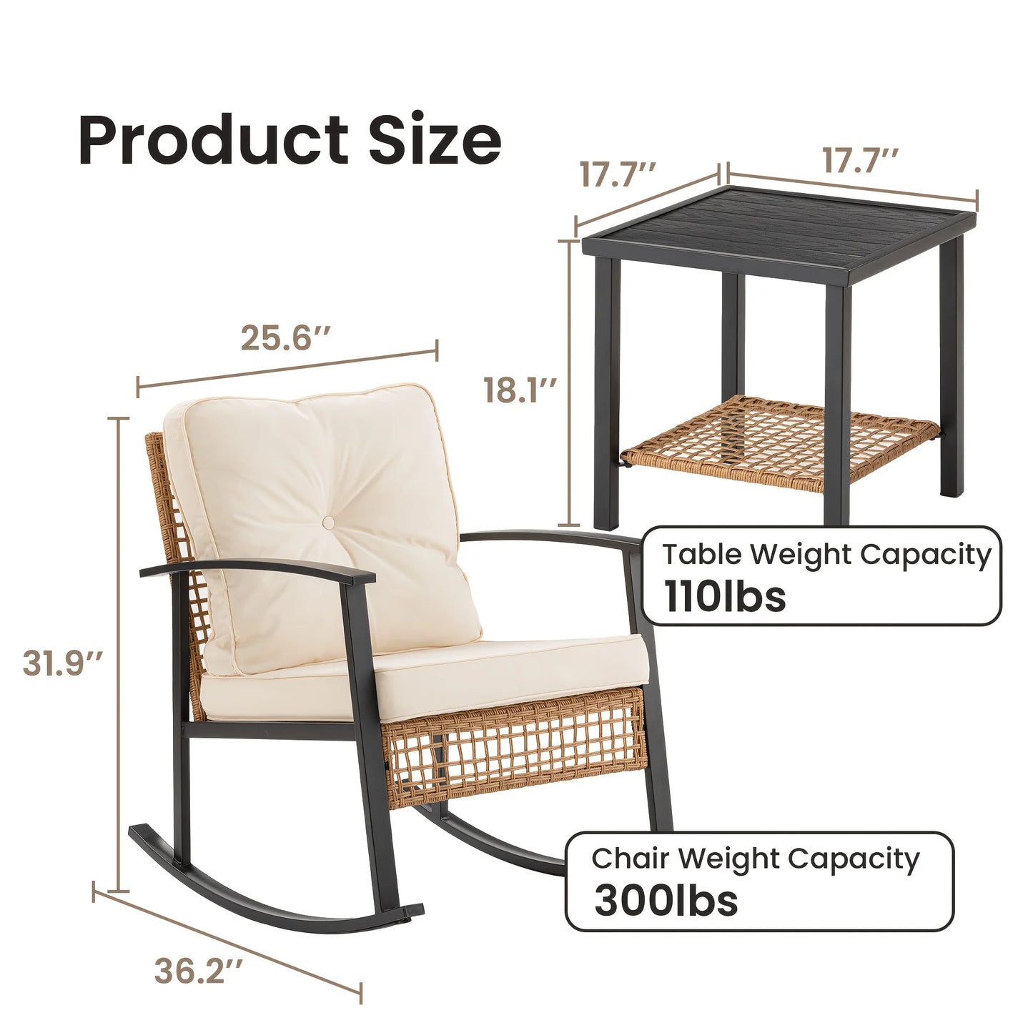 3pcs Rattan Rocking Chair Set Outdoor Patio Wicker Glider Courtyard Seating for Garden Porch Balcony Relaxation Furniture