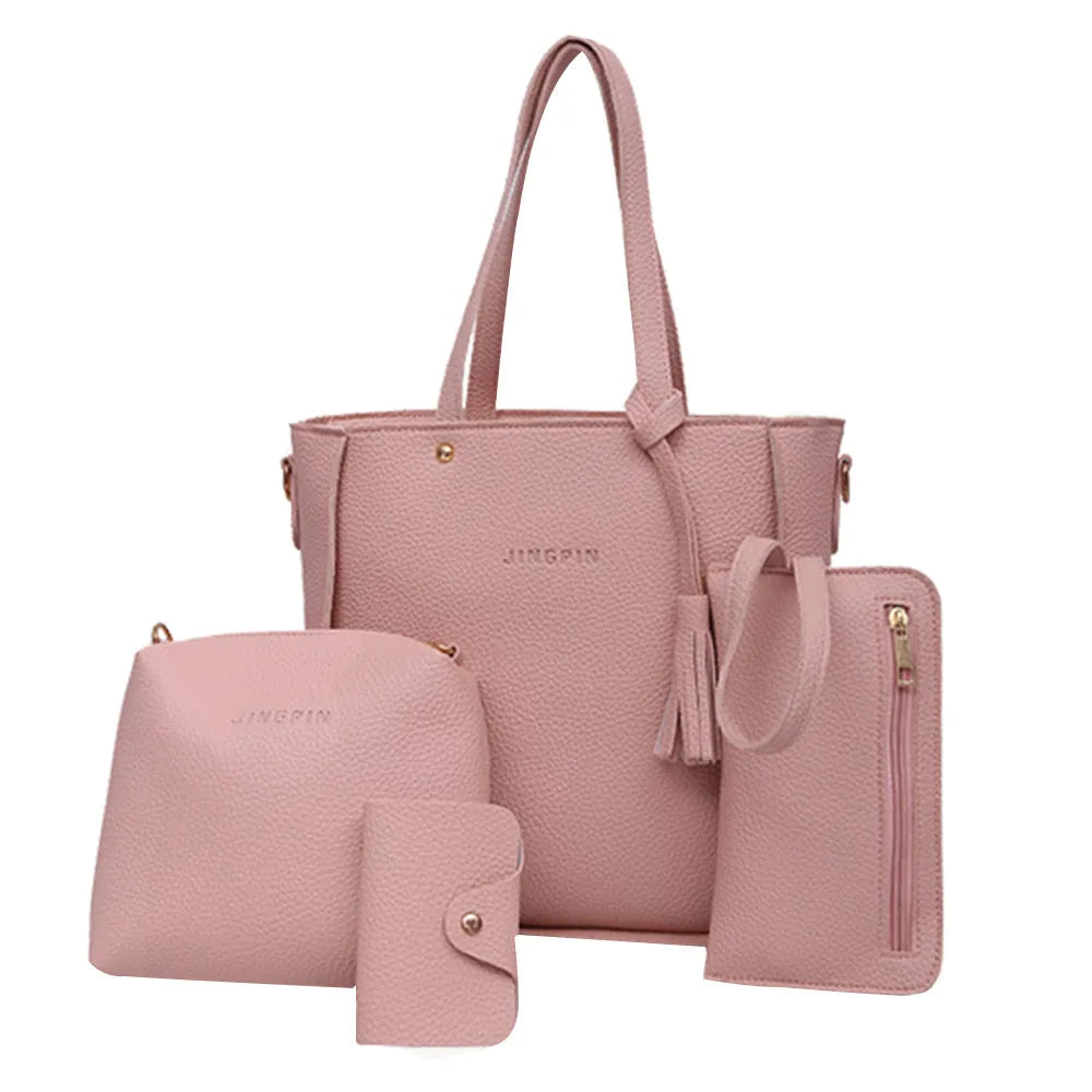 New 2024 New Large Capacity Lychee Pattern Handbags Women'S European And American Retro Fashion Tassel Four-Piece Women'S Bag