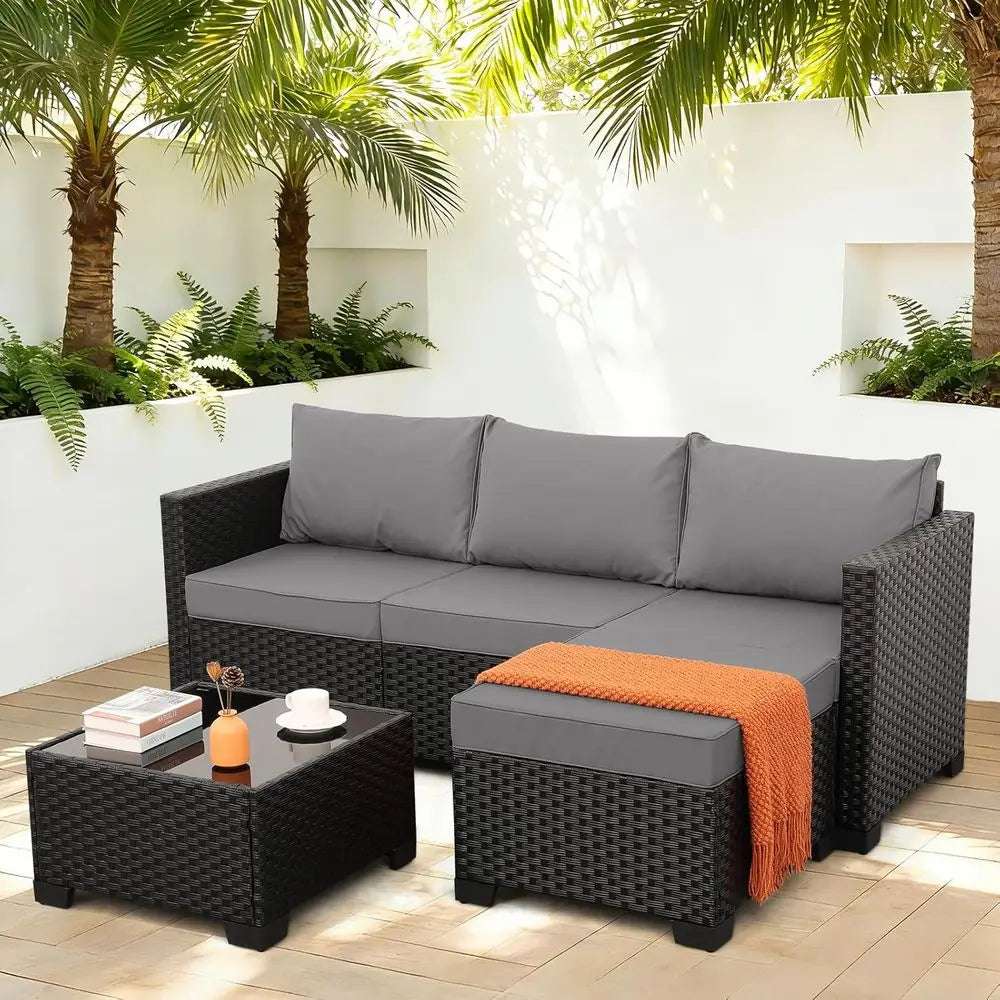 Wicker Patio urniture Patio Couch 3 Pieces Outdoor Sectional with Ottoman and Outdoor Glass Table Weathering Anti-Slip Cushions