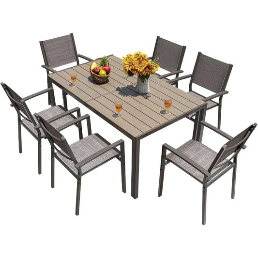 Homall Patio Dining Set 7 Pieces Outdoor Furniture with Large Table and 6 Textilene Chairs for Porch, Poolside, Yard and Garden