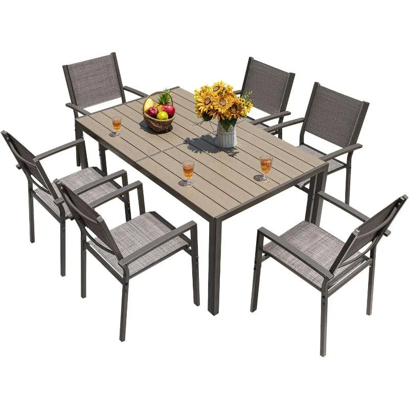 Homall Patio Dining Set 7 Pieces Outdoor Furniture with Large Table and 6 Textilene Chairs for Porch, Poolside, Yard and Garden