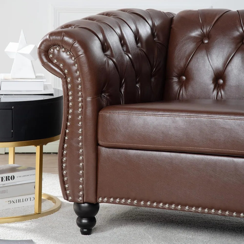 Leather Chesterfield Chair, Mid-Century Modern Single Sofa Chair, Tufted Upholstered Rolled Armchair for Home Bedroom Reading R