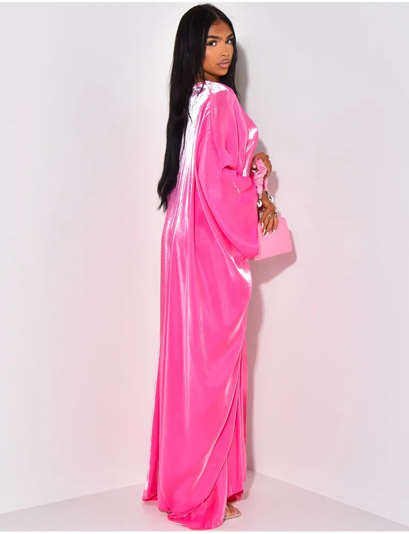 BWQ Women Loose O-neck Full Batwing Sleeve Long Maxi Dress Summer Satin Vintage Africa Streetwear Vestido Evening Dresses