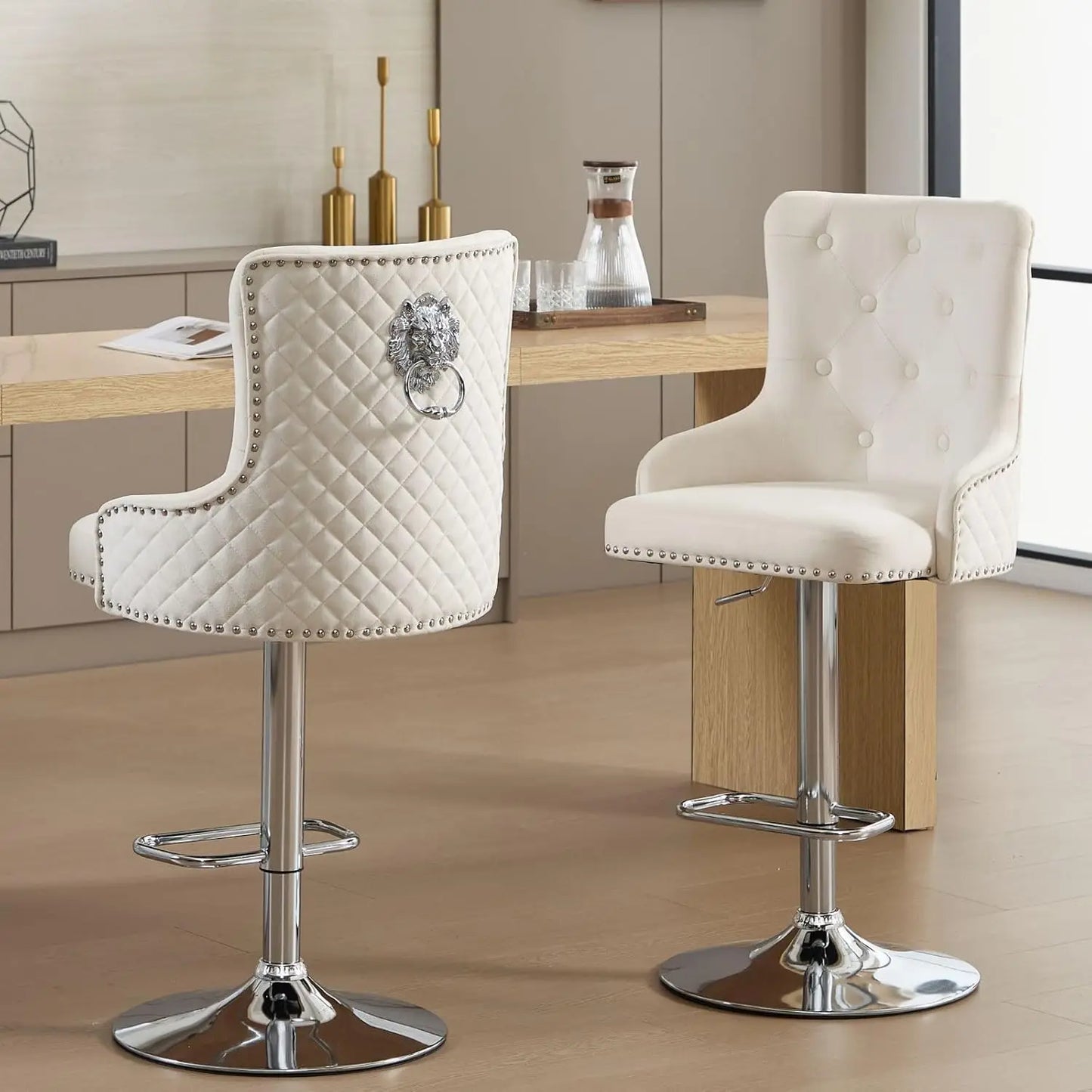 Gold Bar Stools Set of 4, Height Adjustable Velvet Island Chairs Upholstered Bar Height Chairs for Kitchen Counter, Cream