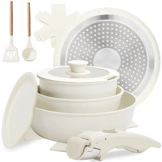 10 pcs Pots and Pan Set Non Stick with Detachable Handle, Ceramic Cookware Set for Stackable, Induction Kitchen Cookware Set for