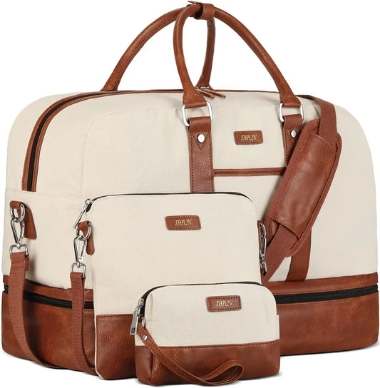 Women's Large Canvas Weekender Bag with Shoe Compartment, 21" Travel Duffel Carry-On Tote 3-Piece Set
