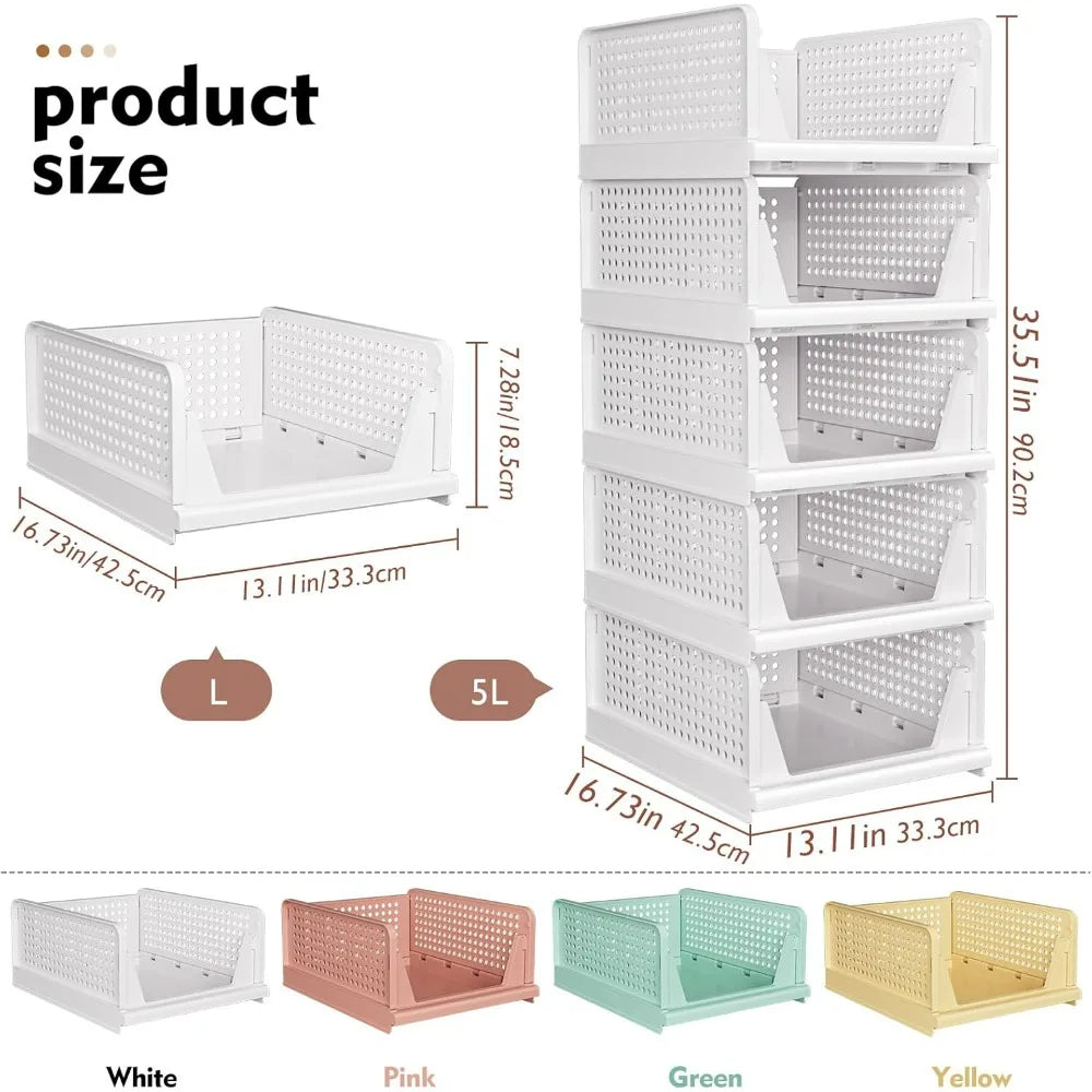 SNSLXH 5 Pack Stackable Closet Storage Basket Multifunctional & Foldable Closet Organizer for Bathroom Kitchen Laundry Room