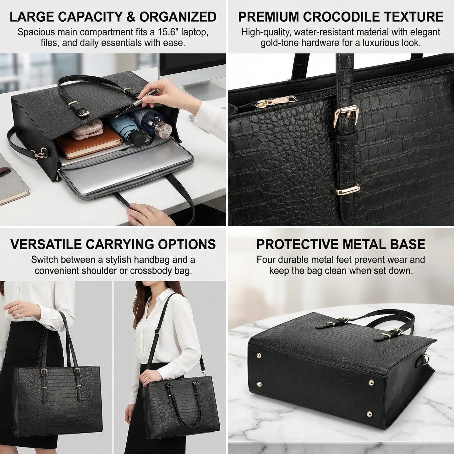 Women's office tote bag, large capacity, leather tote bag, laptop shoulder bag with zipper and detachable shoulder strap