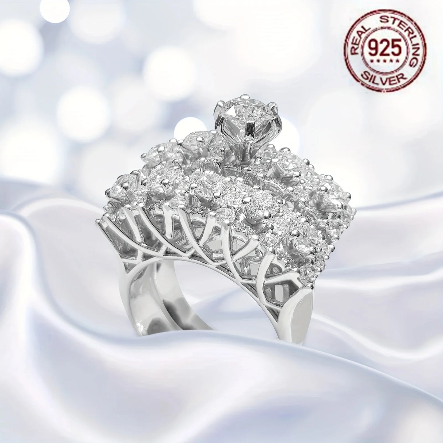 Luxury Plated Hollow Design Sparkling Zircon Women's 925 Sterling Silver Wedding Banquet Ring Set Fine Jewelry