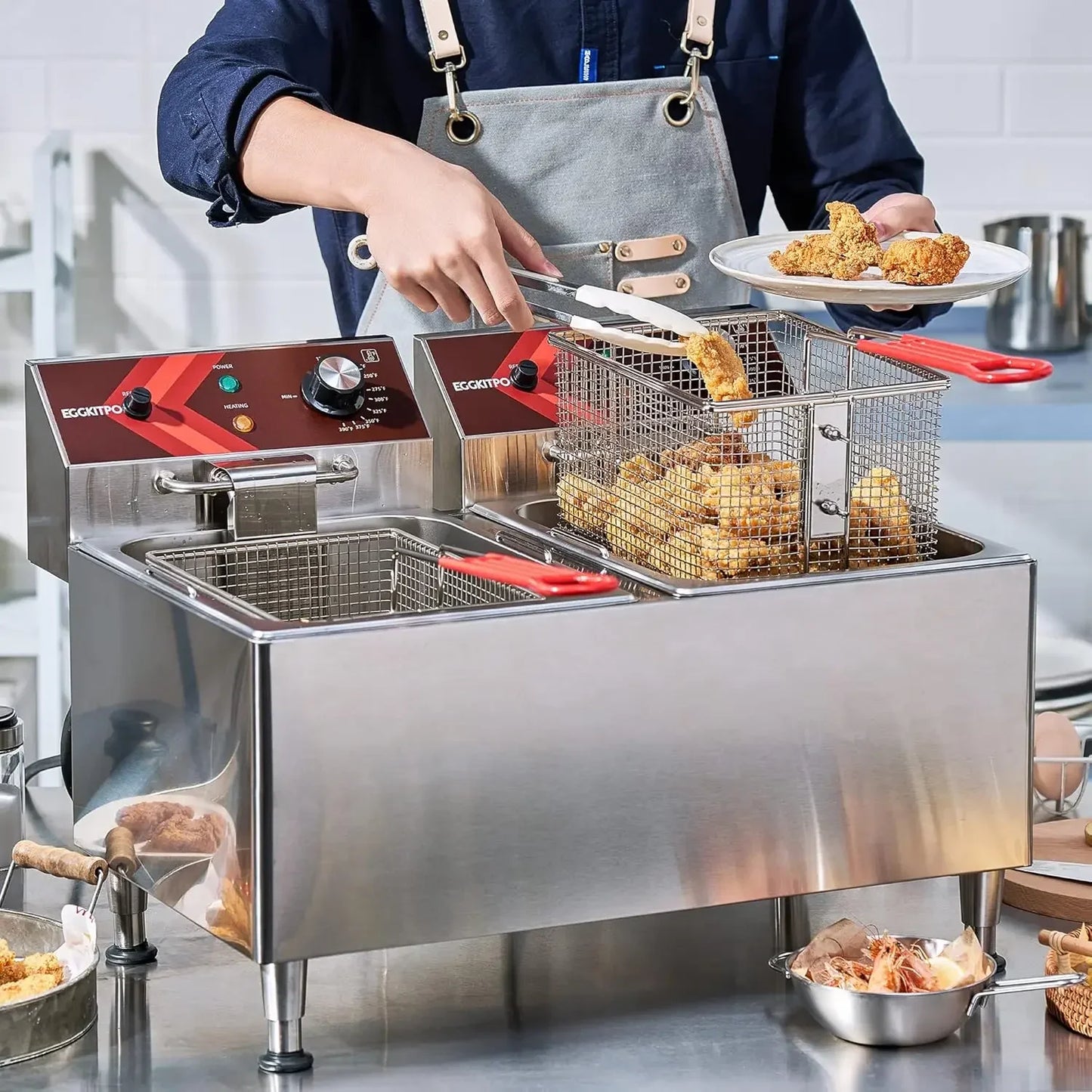 Deep fryers Commercial Deep Fryer 12L x 2 Large Dual Tank Electric Countertop Fryer for Restaurant with 2 Frying Baskets