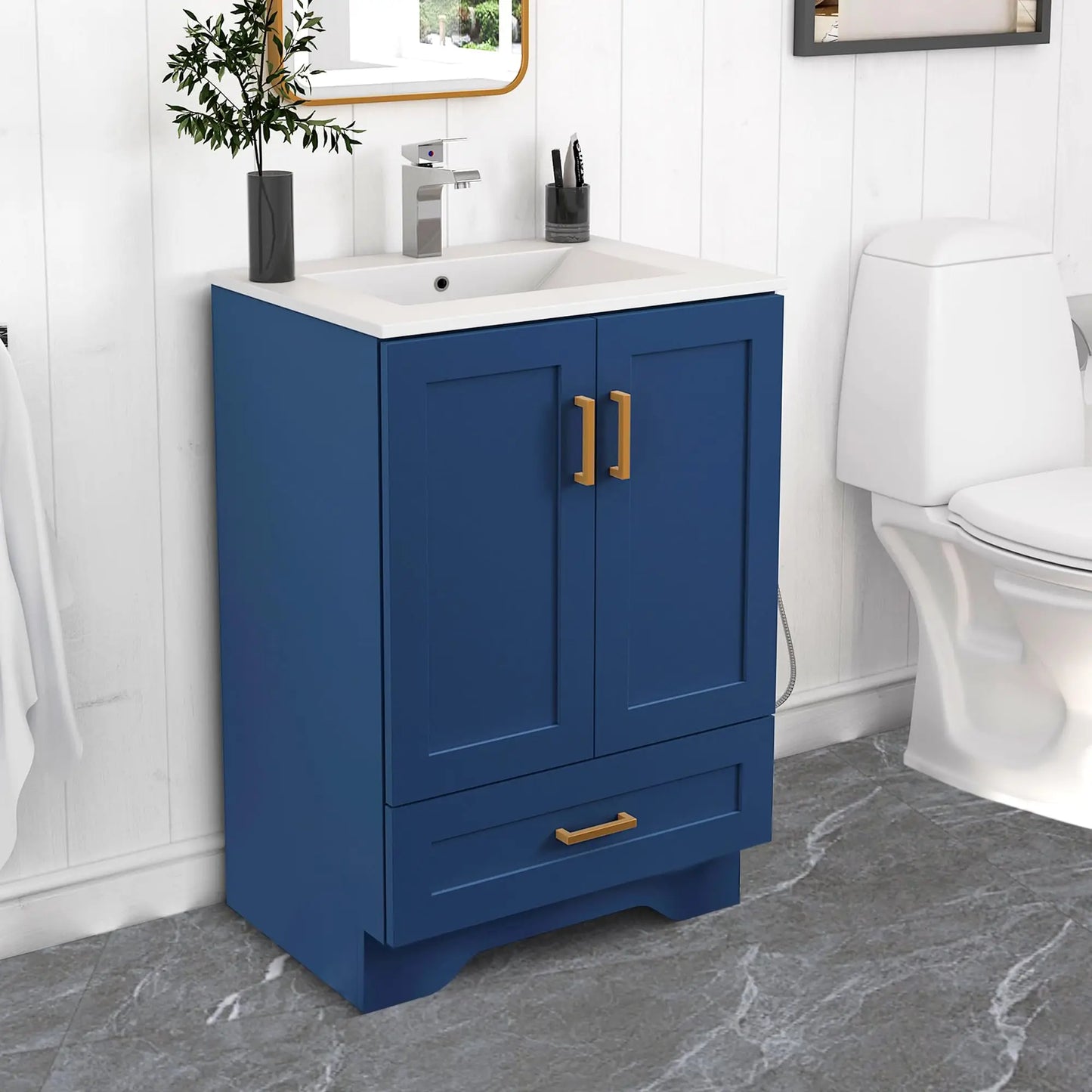24" Bathroom Vanity with Ceramic Undermount Sink - Freestanding 2-Door & 1-Drawer Storage Cabinet