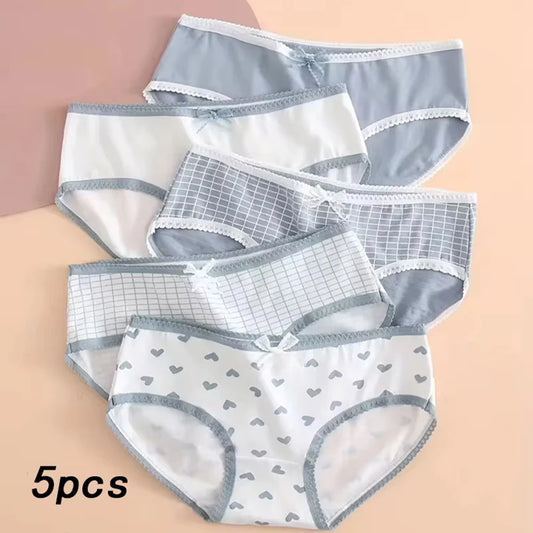 5pcs Soft Cotton Briefs for Women Sweet Heart Plaid Print Panties Gentle Breathable Intimates for Daily Comfort