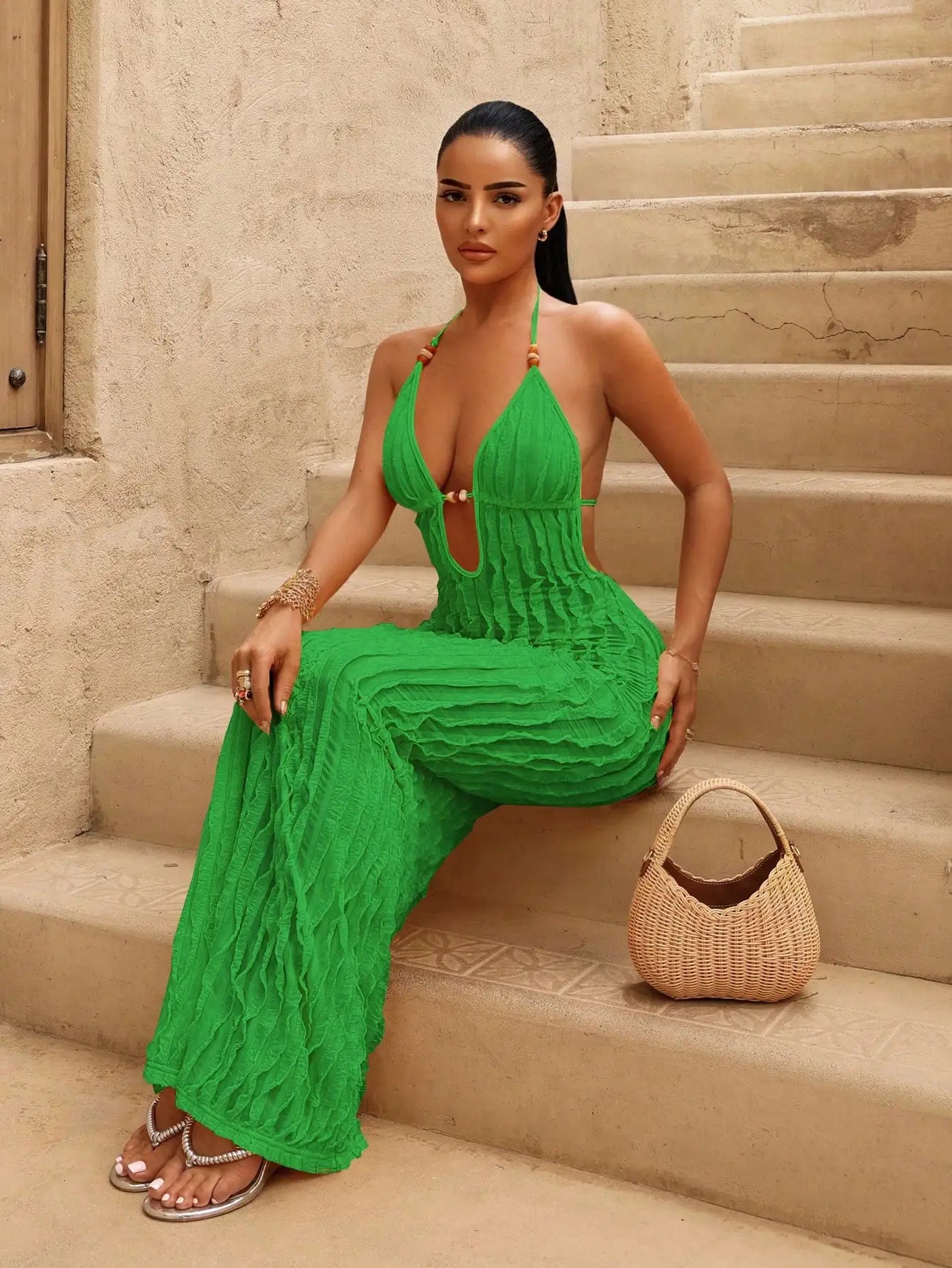 Women's Yellow Deep V Halter Neck Ruched Long Dress with Beaded Detail, Beach Vacation Style