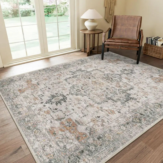 5X7 Area Rugs for Living Room, Machine Washable Non Slip Vintage Rugs, Low Pile Lightweight Chenille Print Rug for Bedroom, Dini