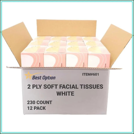 Soft 2-Ply Facial Tissue, White, 230-Count Box for Bathroom, Office, School, Bulk Pack of 12