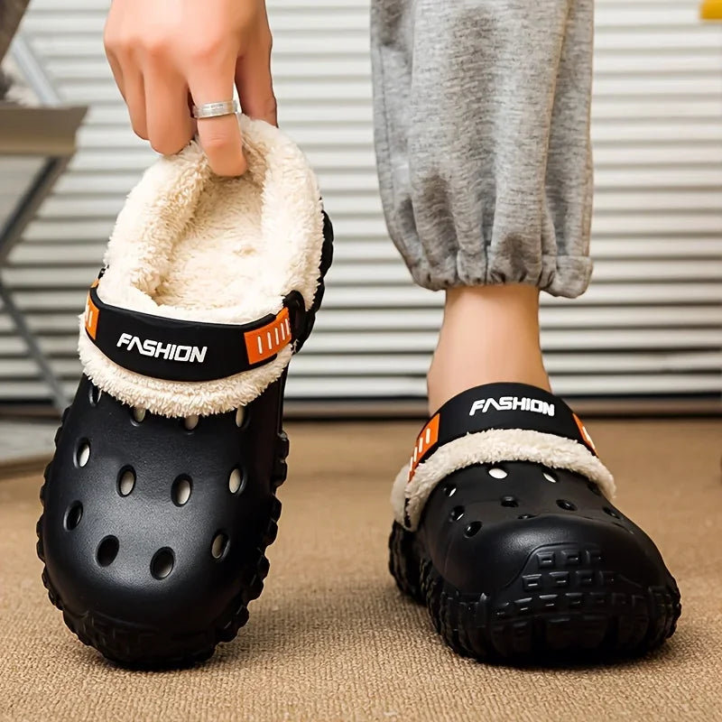 Unisex lined hole shoes, winter removable thick sole slippers with warm lining for outdoor use, thick and warm cold-proof
