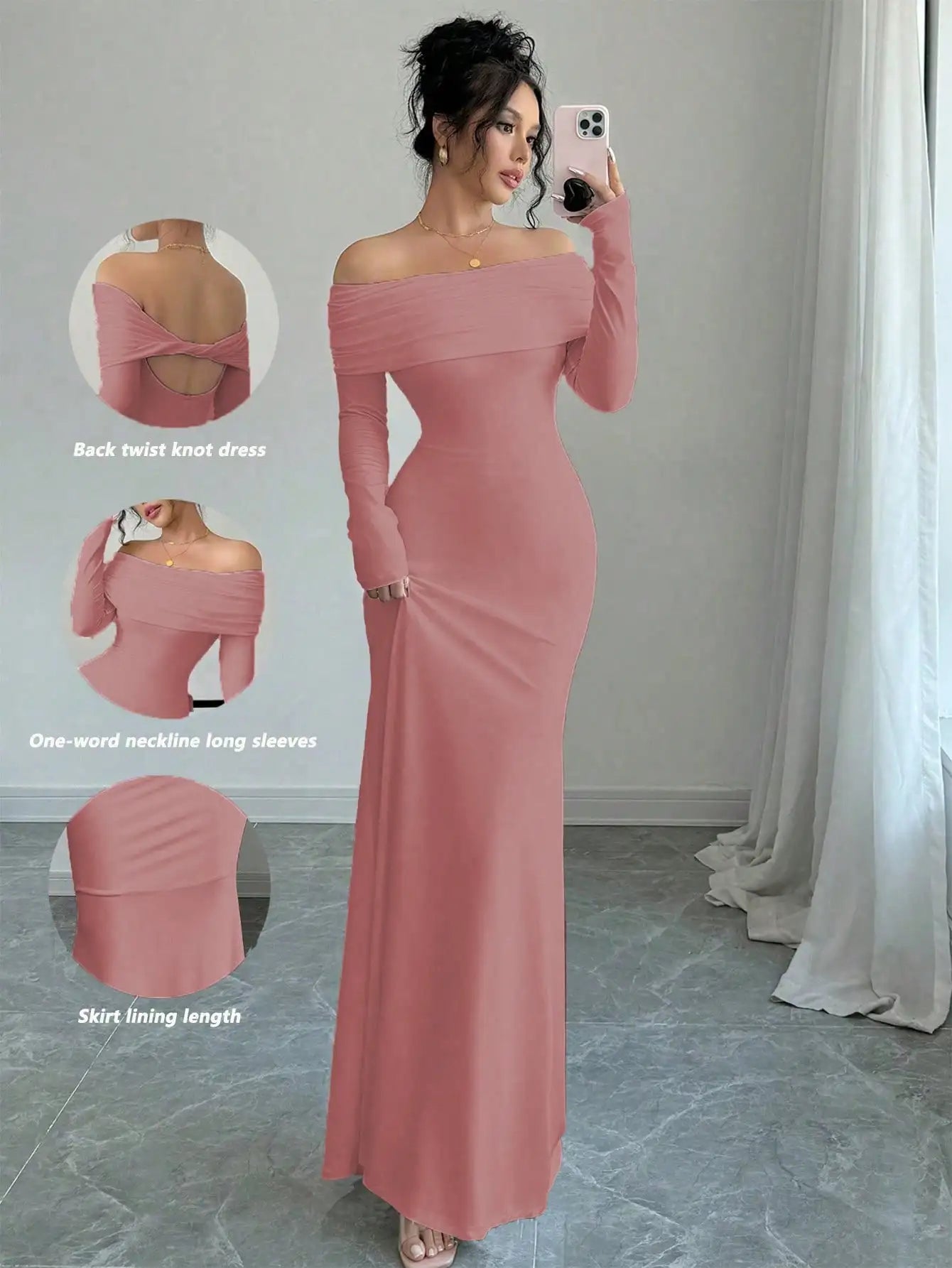 White Off-Shoulder Long Sleeve Maxi Dress with Back Twist Knot, Fitted Silhouette for Evening Events