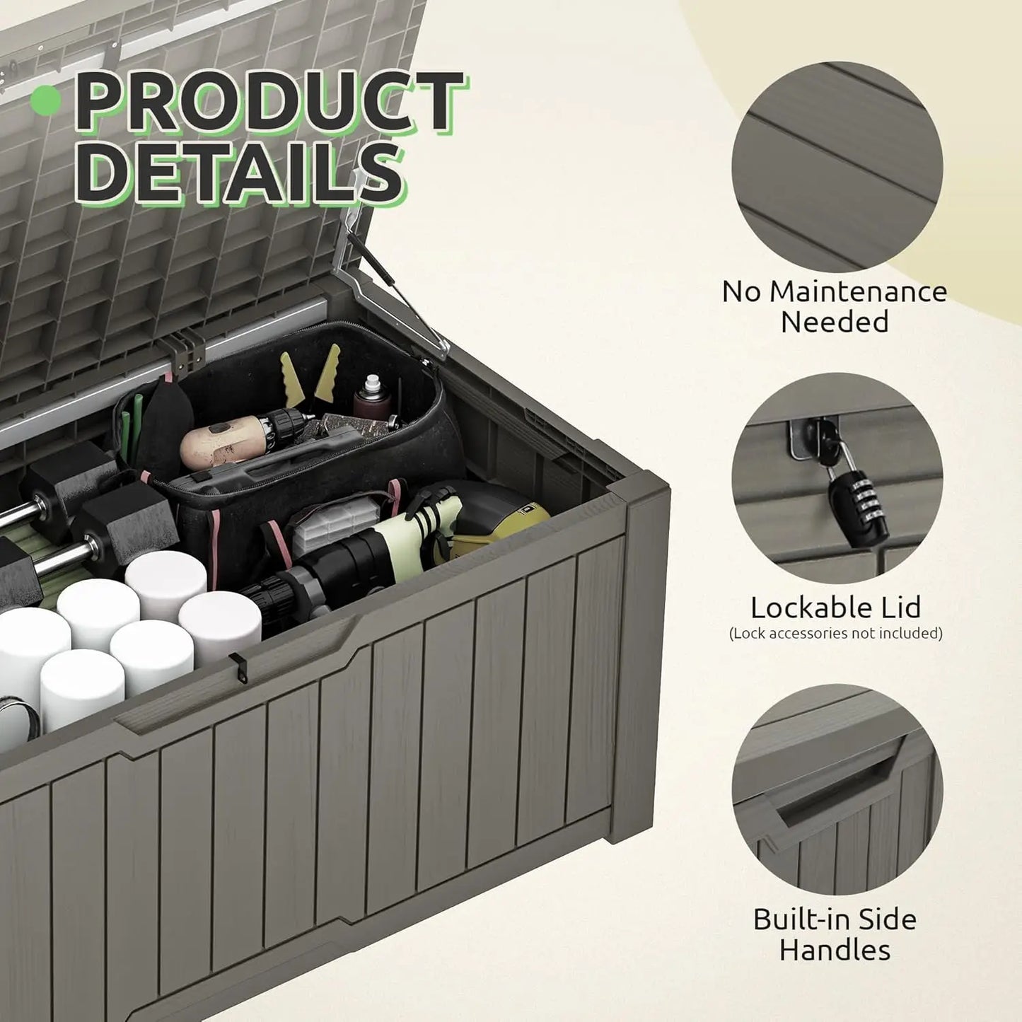 120-Gallon Deck Box, Waterproof Outdoor Storage Chest for Garden Tools, Pool Supplies, and Sports Gear, Lockable Lid, Multi