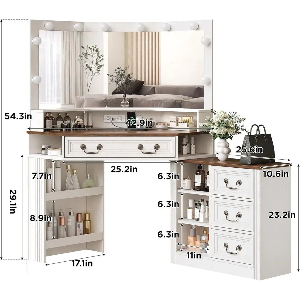 43 White Makeup Vanity Desk with 3-Way Mirror, Lights, Charging Station, and Storage