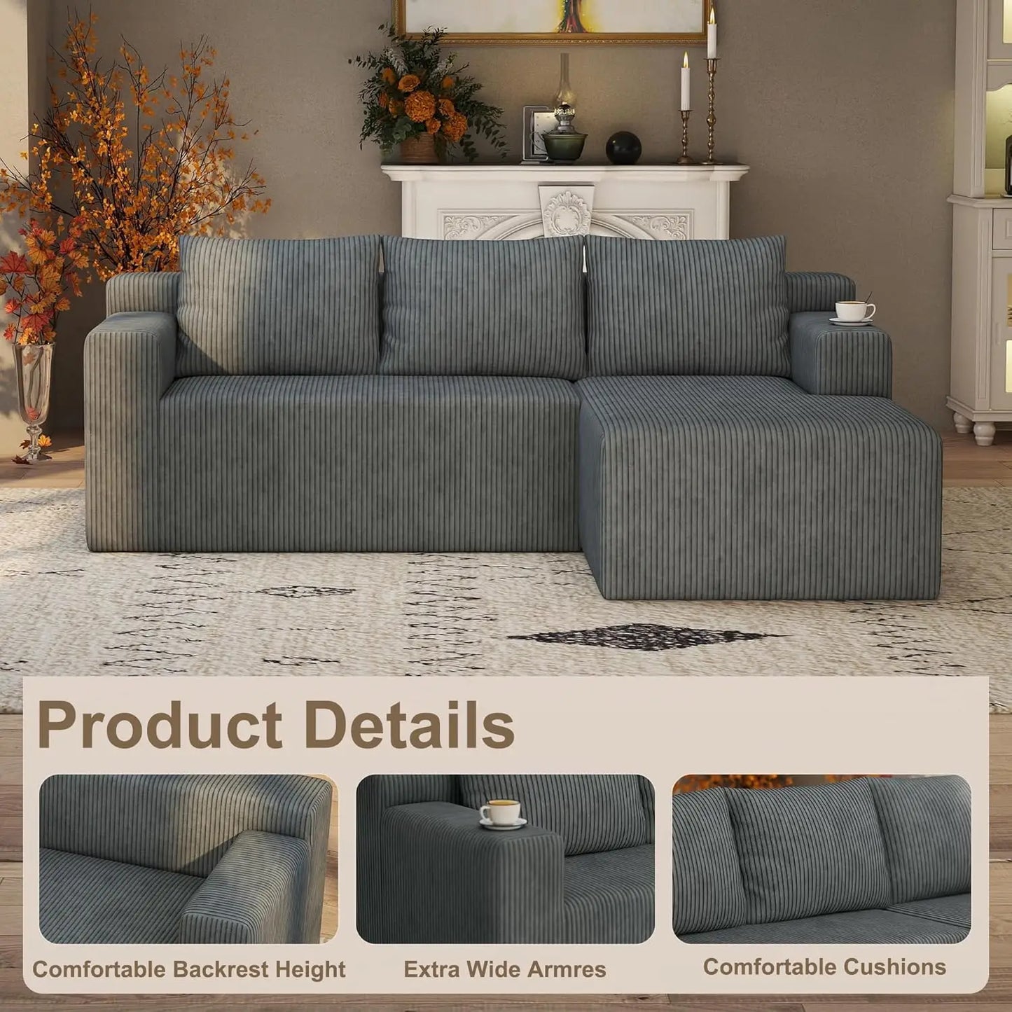 Boneless Couch with L Shaped Chaise, Sectional Cloud Sofa with High Backrest, Corduroy Memory Foam Couch, No Assembly Cloud
